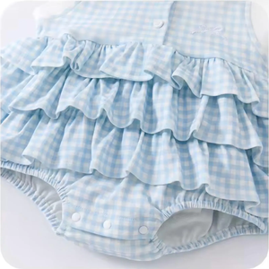 Ärmelloser gewebter Gingham-Strampler für Babys mit weißem Kragen, mehrlagigem Rüschenrock, Sommer-Bodysuit, kariertes Baby-Overall - Product Image 4