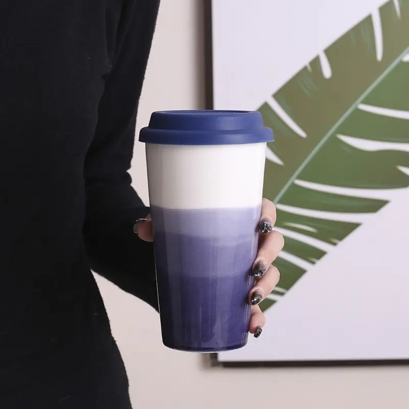 Silikon kapak ile taşınabilir seramik kahve seyahat kupa uzun boylu fincan yeniden kullanılabilir kahve kupası