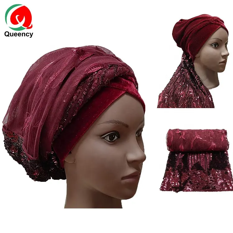 Queency africano Headtie para mujeres de moda lentejuelas cuentas de Gele francés encaje neto de gele listo para usar la corbata neto aso oke en stock