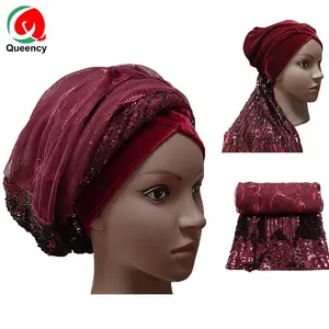 Queency 아프리카 Headtie 패션 스팽글 구슬 자동 Gele 프랑스 그물 레이스 gele 착용 머리 넥타이 그물 아소 오크 있음