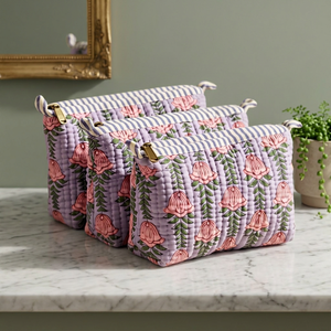 Juego de 3 Bolsas Acolchadas de Lujo Personalizadas, Bolsa de Aseo de Algodón Jaipur con Estampado de Bloques, Organizador de Maquillaje, Estuche de Cosméticos, Kit de Viaje para Mujer - Product Image 4