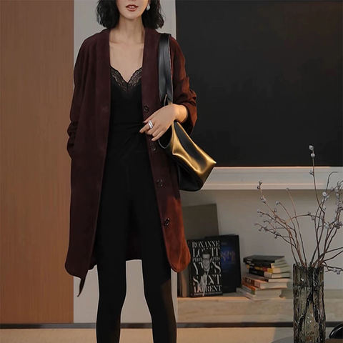 3245-1 Goatskin Suede Single Breasted Lace up Minimalist Mid Length Windbreaker Jacket for Women