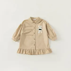 Modèle coréen Robes pour fille à manches bouffantes Broderie petit ours Vêtements en coton pour enfants Tenue décontractée