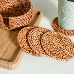 Handmade Natural Rattan Coasters for Drinks Wicker Boho Coasters Woven Coasters for Drinks Set of 6 with Holder