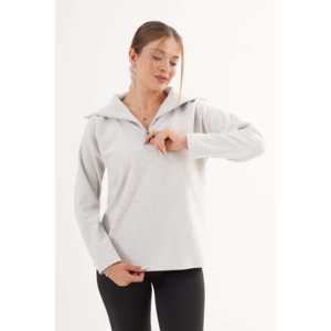 Suéter gris de punto para mujer al por mayor, con media cremallera, manga larga, informal y antipilling - Product Image 5