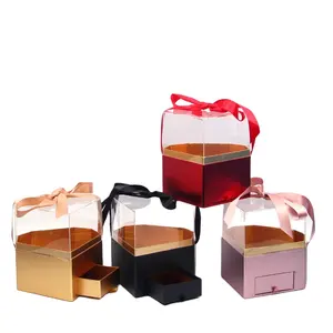 Caja de regalo de embalaje de flores acrílicas transparentes para el Día de San Valentín, caja de flores con forma de corazón con cajón