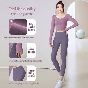 Vente en gros de 2 pièces de vêtements de sport pour femmes, ensemble de yoga à manches longues et leggings taille haute sans couture, séchage rapide, pour la salle de sport et la remise en forme - Product Image 4
