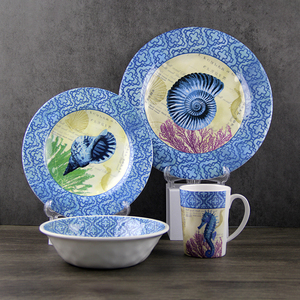Sebest Factory Custom Summer Beach Ocean Style Melamine Plastic Picnic Tableware Set High Quality Dinnerware Sets