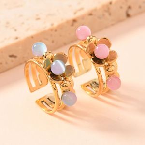 Fashion New Stainless Steel Light Luxury Beautiful Welding Flower Inlaid Cat's Eye Gemstone Open <b>Titanium</b> Steel Ring Jewelry - Product Image 1