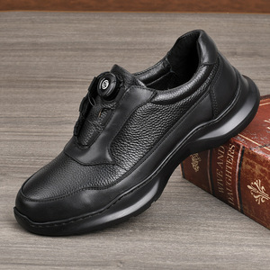 Men's Genuine Cow Leather Walking Shoes <b>Round</b> <b>Toe</b> Rubber Outsole Anti Slippery Low <b>Heel</b> Solid Color Buckle Closure Comfortable - Product Image 1