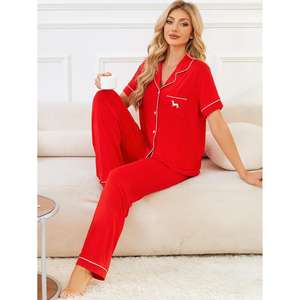 Ensemble de pyjama décontracté de luxe en modal pour femme - Chemise unie à <span class=keywords><strong>manches</strong></span> <span class=keywords><strong>courtes</strong></span> et pantalon long à taille élastique pour la maison (automne/hiver/printemps) - Product Image 2