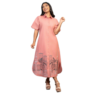 Vestido Midi Bordado de Lino Rosa Artesanal de Calidad Excepcional, Elegante y Casual para Mujer - Product Image 6