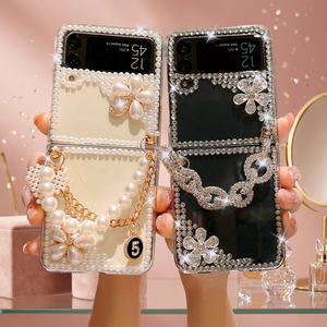 Funda de Teléfono Plegable de Lujo a Prueba de Golpes con Diseño de Flor de Perlas y Correa de Cadena para Teléfonos Móviles - Product Image 3