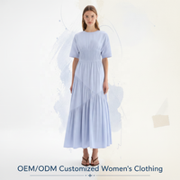 Nouvelle Robe Midi Femme Bleu Clair à Col Rond Manches Courtes Taille Smockée Plissée Asymétrique à Volants Personnalisée Vente en Gros