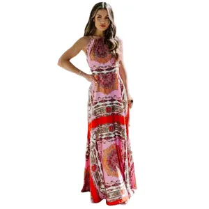 2024 Summer New Vintage Exotic Print Long Dress Bohemian Halter Beach Women Dresses