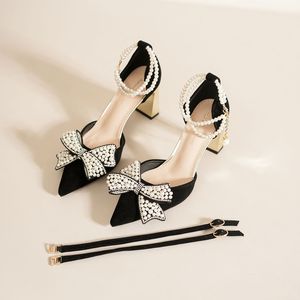 7500H-017 Heeled <b>Sandals</b> Pointed Toe Thick Heel <b>Bow</b> Decoration Comfortable Wedding Shoes For Women - Product Image 3