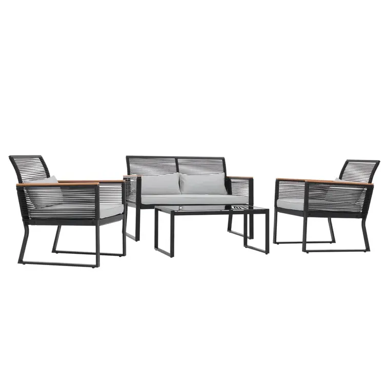 Fabriek Groothandel Nordic Modern Tuinmeubilair 4 Stuks Rieten Tafel En Stoel Set Zitgroep Met Kussens