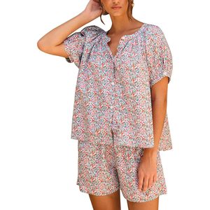 Ensemble de pyjama floral pour femmes, 2 pièces, haut boutonné, short doux, vêtements de nuit avec poches - Product Image 1