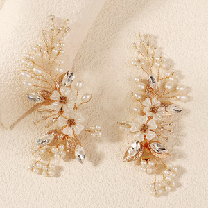 HS-J7526 Lot de 2 pinces à cheveux dorées pour mariée avec strass et perles, accessoires de <span class=keywords><strong>coiffure</strong></span> en forme de fleur et de feuille pour mariées, bal de promo - Product Image 3