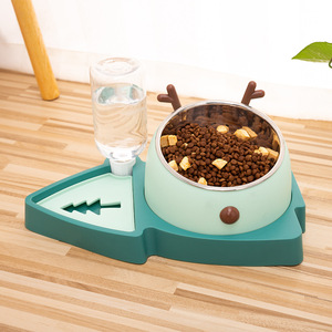 Mangeoire double pour chat avec distributeur d'eau, design anti-renversement pour chiens et chats, vert clair, acier inoxydable et matériau PP - Product Image 1