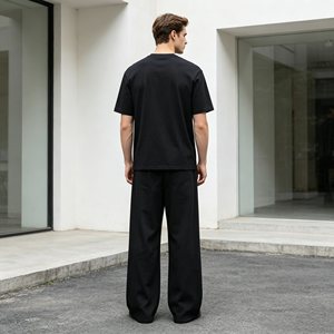 Ensemble homme 450g très vendu, t-shirt col rond gaufré et pantalon jogger, ensemble deux pièces été 100% coton couleur unie pour homme - Product Image 3