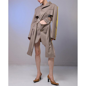 A cuadros de mujeres Irregular <span class=keywords><strong>Mujer</strong></span> Chaquetas de manga larga Cruz vendaje hebilla de dos <span class=keywords><strong>traje</strong></span> de abrigo - Product Image 4