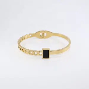 Chain Black Acrylic Square With Ring Set Women PVD 18K Gold Plated Trendy Dainty Bracelets Bangles Stainless Steel