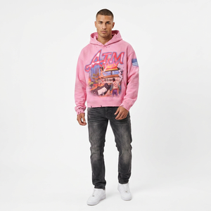 Sweat à capuche oversize rose vif pour homme avec imprimé ATM sur le devant, style streetwear, design vieilli, effet délavé et orné de clous - Product Image 1