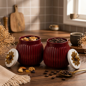 Ensemble de pots de rangement en métal rouges ronds hermétiques avec couvercle à motif floral pour la conservation des aliments en cuisine, design moderne, fabrication artisanale - Product Image 6