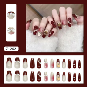 Uñ<span class=keywords><strong>as</strong></span> Postizas Coffin Nails en Degradado Borgoña y Dorado, Hechas a Máquina en ABS, 24 Piezas, Uñ<span class=keywords><strong>as</strong></span> Francesas con Lazo para Mujer - Product Image 2