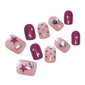 Lot de 10 faux ongles en acrylique pré-dessinés, forme amande, avec motifs œil de chat rose nude, étoiles, cœurs, pois et cristaux noirs - Product Image 3