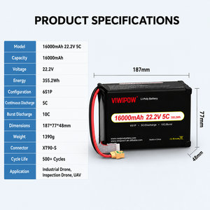 Batterie LiPo industrielle 16000mAh 22.2V 6S 5C pour drone de pulvérisation agricole avec prise personnalisée disponible - Product Image 2