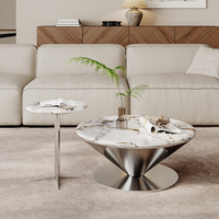 Ensemble de table basse ronde moderne en 2 pièces, plateau en marbre naturel avec base en acier inoxydable poli