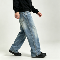 Jean en denim délavé bleu pour homme, coupe ample et large, effet usé, cinq poches, style streetwear, OEM, vente en gros