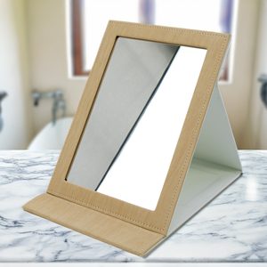 High Quality Pu Laser Leather Makeup Standing Mirror Custom Logo Laserable Engraving Leatherette Desktop Mirror for Travel