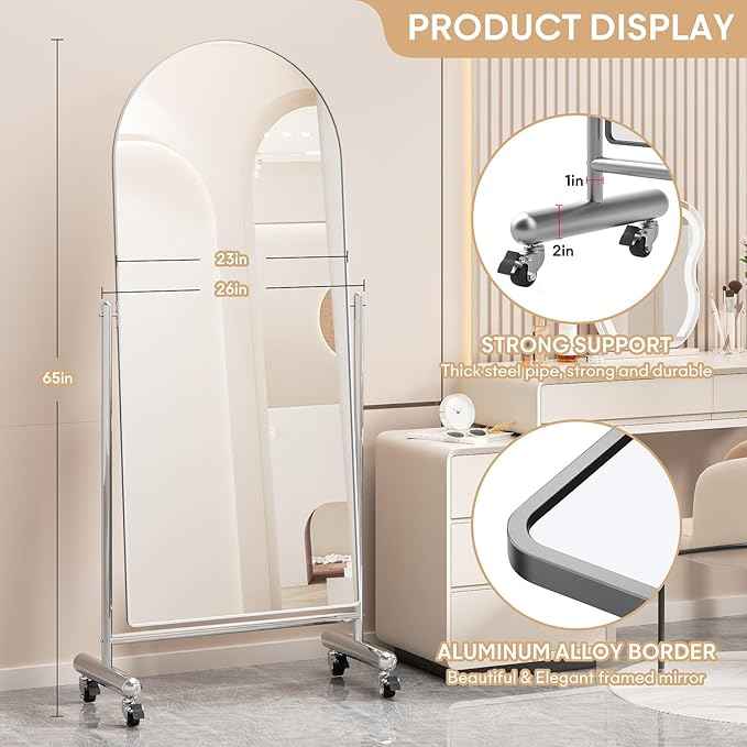 Floor Mirror with Stainless Steel Frame Stand Mobile Tilting Swivel Modern Home Decor Large Arched Full Length Mirror on Wheels