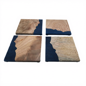 New Best Selling Eco-Friendly Classic Multi Color Mango Wood Tree Bark Epoxy Resin 4-Piece <b>Square</b> Coaster Set Kitchen Use - Product Image 1