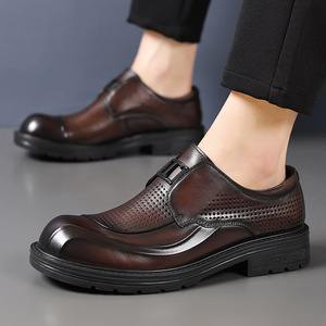 Chaussures d'été en cuir à enfiler pour hommes, bout rond, respirantes, perforées, semelle épaisse, style décontracté et professionnel, type bateau - Product Image 2