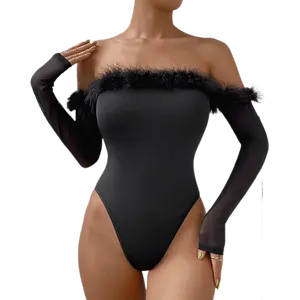 OEM ODMレディースファッション黒長袖ボディスーツ女性用糸くずオフショルダートップセクシーなボディスーツ