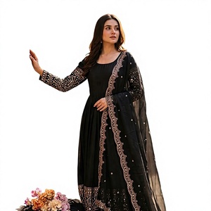 Women Traditional Black Silk Salwar Kameez With Embroidered Dupatta Floor-Length Loose Fit <b>Wedding</b> Wear India Pakistan Style - Product Image 1