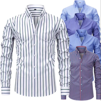 Kemeja Pria Vintage Twill Kerah Tegak Lengan Panjang Bergaris |   Cetak Digital 3D dengan Peregangan 4 Arah |   Kemeja Liburan Musim Semi & Gugur
