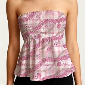Blusa de Verano al por Mayor para Mujer, <span class=keywords><strong>Top</strong></span> <span class=keywords><strong>Fruncido</strong></span> con Estampado Floral Hawaiano, Estilo Casual Elástico, Camisas sin Tirantes - Product Image 2