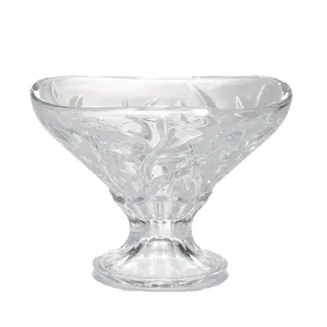 工厂批发现代压花叶设计宽口冰淇淋碗带底座玻璃圣代杯带茎