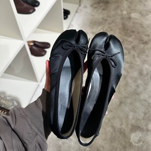 French Style Bow Split-Toe Satin <b>Block</b> Heel Ballet Flats Versatile Low Vamp Casual Shoes for Women - Product Image 2
