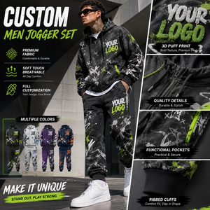 Ensemble jogging homme personnalisé, imprimé graffiti, sweat à capuche zippé et pantalon de survêtement, logo 3D en relief, poignets côtelés, streetwear urbain, ensemble de survêtement assorti - Product Image 1