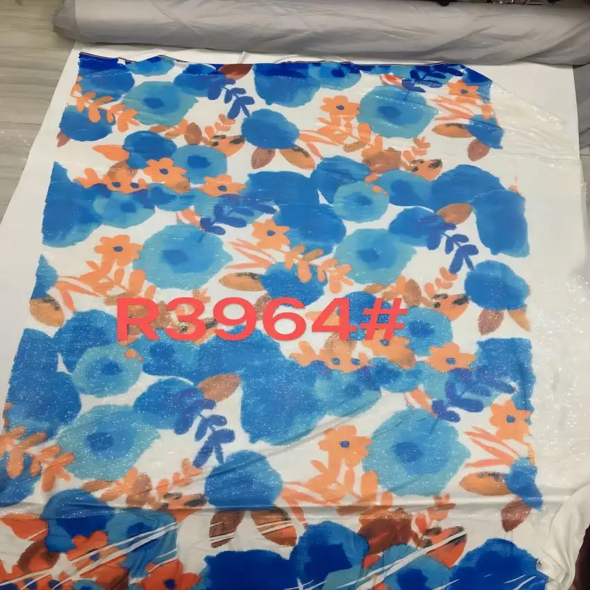 Tissu imprimé tissu imprimé africain bleu orange épais l'industrie chine gros tissu à paillettes blanches
