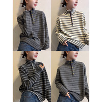 Pull décontracté pour femme en cachemire rayé, col roulé, demi-boutonné, personnalisé, style mode hiver