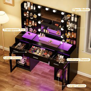<strong>Black</strong> <strong>Vanity</strong> Desk Makeup <strong>Table</strong> with Mirror and Lights Transparent Top with 3 RGB Drawers 6 Shelves 2 Cabinets Power Outlet - Product Image 3