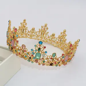 Jachon New Retro Round Ladies Big Crown Baroque Alloy Mixed Color Diamond Birthday Crown Bridal Wedding Tiara