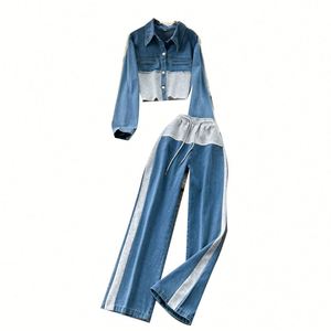 Ensemble décontracté d'automne en jean tissé pour femme, col rabattu, manches longues, taille haute, patchwork, longueur midi, tenue de jogging durable - Product Image 5